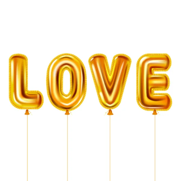 Love gold helium metallic glossy balloons realistic text. Background design happy Valentines Day, party, decoration, greeting card. Vector banner flyer isolated — Stock Vector