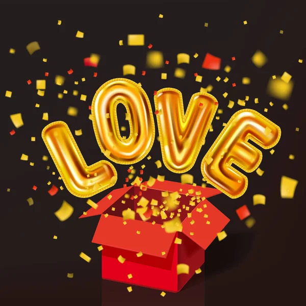 Open red gift box, Love gold helium metallic glossy balloons realistic, burst foil confetti. Background design happy Valentines Day, party, decoration, greeting card. Vector banner flyer isolated — Stockvektor