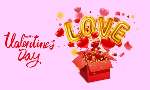 Happy Valentijnsdag geschenkdoos open, liefde goud helium metallic glanzende ballonnen realistisch, aanwezig met vliegende harten, ballonnen goud en heldere stralen van licht, burst explosie. Gelukkig Valentijnscadeau — Stockvector