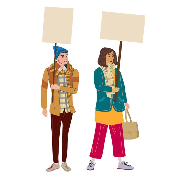 Pareja Manifestantes hombre y mujer con pancartas vacías. Activistas protestando, reunión política, huelga de derechos humanos. Ilustración vectorial aislada — Vector de stock