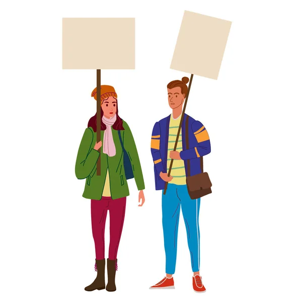 Pareja Manifestantes hombre y mujer con pancartas vacías. Activistas protestando, reunión política, huelga de derechos humanos. Ilustración vectorial aislada — Vector de stock