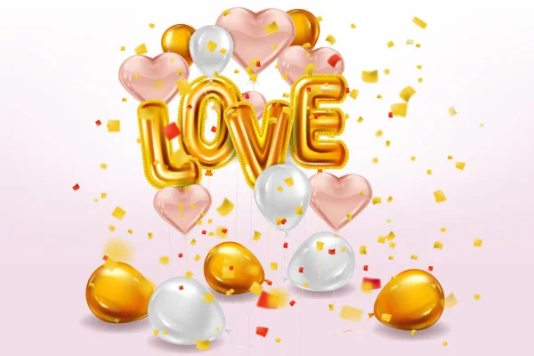 Happy Valentines Day, Love gold helium metallic glänzende Luftballons realistischen Text, Schriftzug, Herzform fliegen rosa Luftballons, Party, Dekoration, Grußkarte. Vektorbanner-Flyer isoliert — Stockvektor