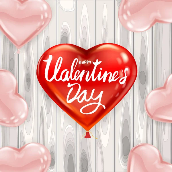 Happy Valentines Dag rode hartvorm glanzende ballon realistisch, belettering, achtergrond houten tafel roze hart ballonnen, wenskaart. Vector banner poster flyer geïsoleerd — Stockvector