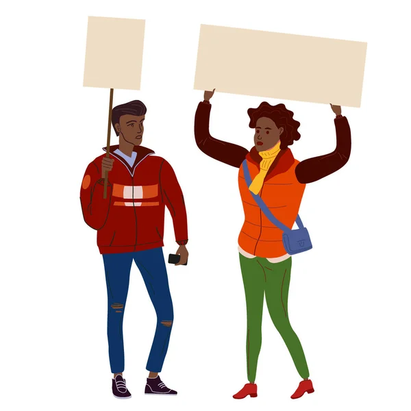 Pareja Manifestantes hombre y mujer con pancartas vacías. Activistas protestando, reunión política, huelga de derechos humanos. Ilustración vectorial aislada — Vector de stock