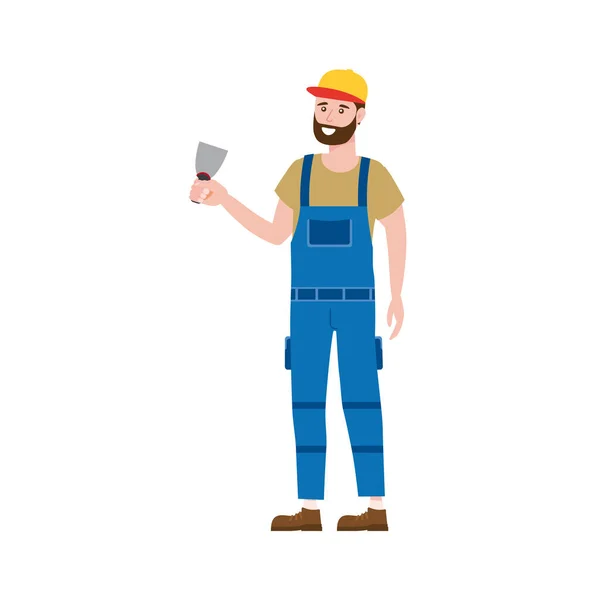 Trabajador de la construcción con herramienta de paleta de enlucido en ropa de trabajo. Artesano carácter vector aislado — Vector de stock