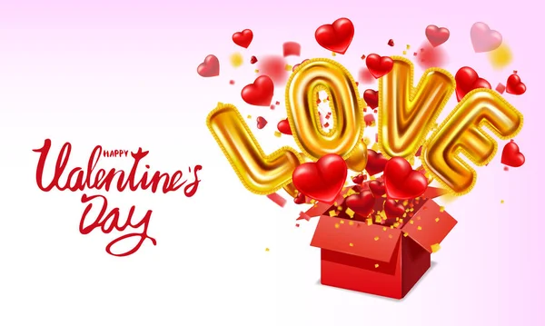 Joyeux coffret cadeau Saint-Valentin ouvert, Amour or hélium métallique ballons brillants réalistes, présents avec des coeurs volants, ballons d'or et des rayons lumineux brillants, explosion éclatante. Joyeux cadeau de Saint Valentin — Image vectorielle