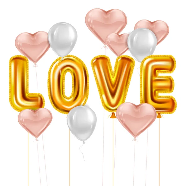 Happy Valentines Day, Liebe Gold Helium metallic glänzende Luftballons realistischen Text, Herzform fliegen rosa Luftballons, Party, Dekoration, Grußkarte. Vektorbanner-Flyer isoliert — Stockvektor