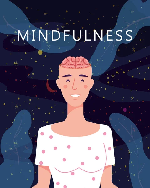 Mindfulness concept Vrouw in yoga poseren meditatie. Open hersenen mentale kalmte, het loslaten van stress. Vectorillustratie geïsoleerd — Stockvector