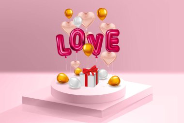 İç kaidesi Love kırmızı helyum metalik parlak balonlar gerçekçi metin, kutu hediye, kalp şeklinde uçan pembe balonlar, parti, dekorasyon, tebrik kartı. Vektör afişi izole edildi
