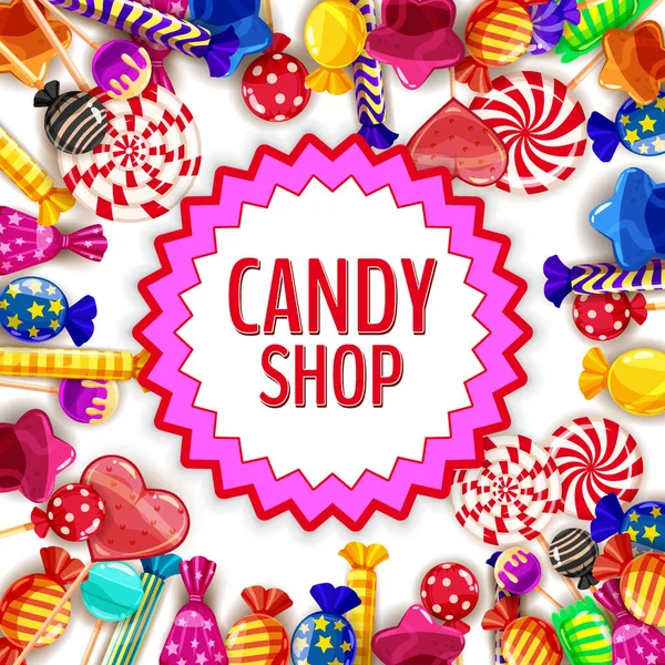 Conjunto de plantillas de Candy Shop de diferentes colores de dulces, piruletas, dulces, dulces de chocolate, caramelos de gelatina de varias formas y colores. Fondo, cartel, bandera, vector, aislado, estilo de dibujos animados — Vector de stock