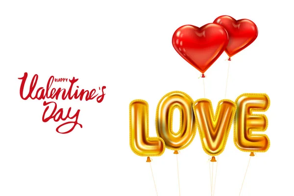 Happy Valentines Day, Love gold helium metallic glossy balloons realistic text, lettering, heart shape flying red balloons, party, decoration, greeting card. Vector banner flyer isolated — Stock Vector