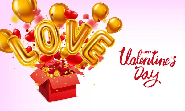 Happy Valentines day gift box open, Love gold helium metallic glossy balloons realistic, present with flying hearts, ballons gold and bright rays of light, burst explosion. Happy Valentines day gift — Stock Vector