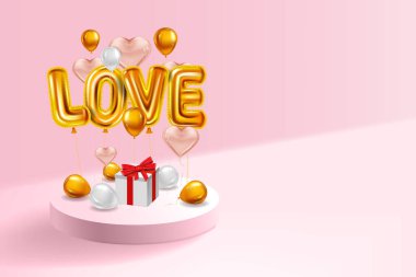 Kırmızı helyum metalik parlak balonları seviyorum gerçekçi, kutu hediyesi, iç kaidesi, uçan altın balonlar, parti, dekorasyon, tebrik kartı. Vektör afişi izole edildi