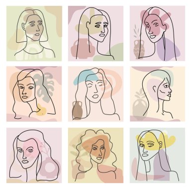 Kadın çizgisi modern minimalist stilde tasvir edilsin. Soyut şekil pastel sıcak renkler, çiçekler, vazo. Düzenlenebilir özet
