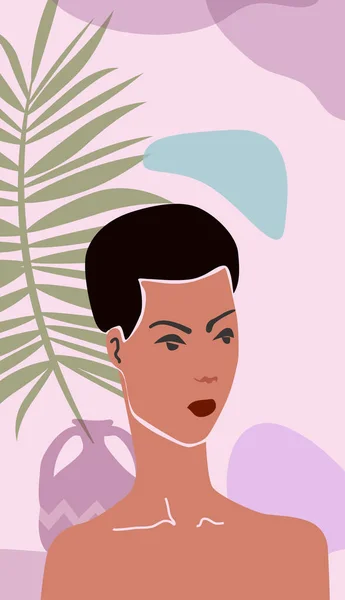 Femme noir portrait minimaliste abstrait style contemporain. Femme visage flore feuilles formes vase silhouette arrière-plan à la mode concept d'art moderne. Modèle de vecteur d'affiche histoires de médias sociaux, imprimer — Image vectorielle