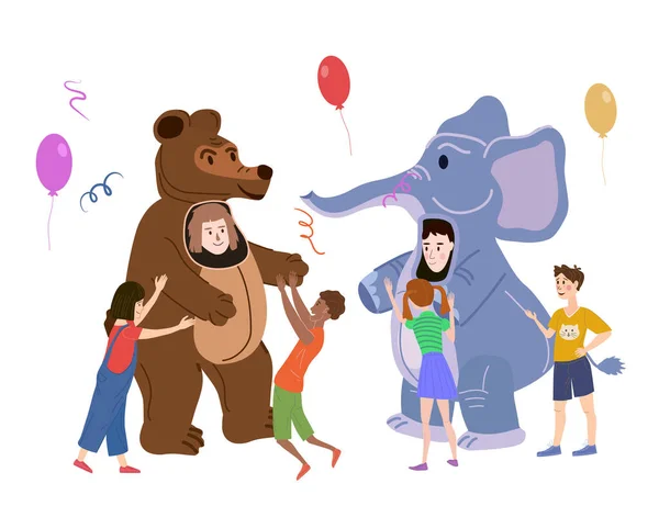 Vakantie party acteurs entertainer dragen in kostuum Bear en Elephant, spelen met kinderen. Performance Birhday Carnaval Party, groep kinderen met volwassen animator. Vector cartoon platte stijl illustratie — Stockvector