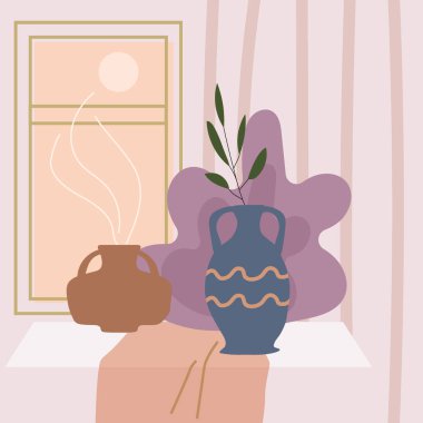 Still life abstract contemorary minimalism. Vase flora intreior window abstract elements shapes. Modern poster, banner, cover, social media content. Vector isolated