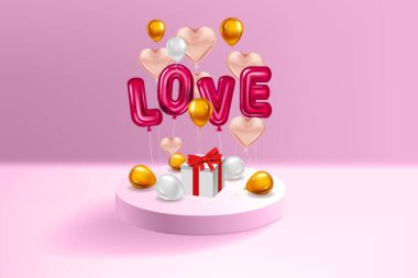 Kırmızı helyum metalik balonları gerçekçi metin, kutu hediyesi, iç kaidesi, uçan pembe altın balonlar, parti, dekorasyon, tebrik kartı. Vektör afişi izole edildi