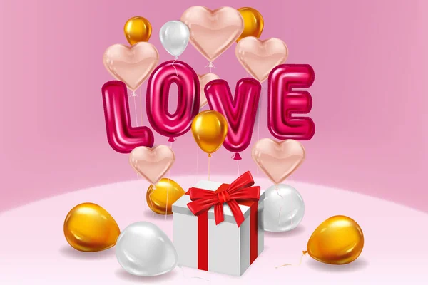 Love red helium metallic glossy balloons realistic text, box gift, inerior, heart shape flying pink balloons, party, decoration, greeting card. Vector banner flyer isolated — Stockvektor