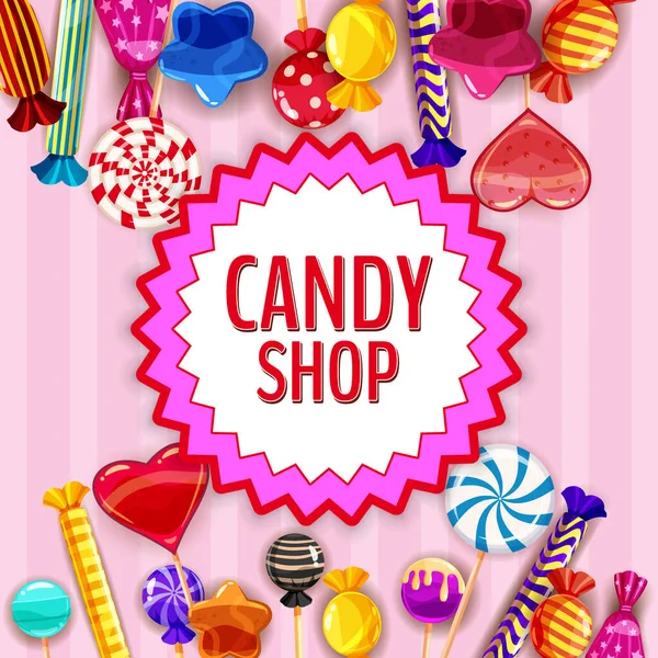 Шаблон магазину цукерок набір різних кольорів цукерок, льодяників, цукерок, шоколадних цукерок, желе-бобів різної форми і кольору. Фон, плакат, банер, вектор, ізольований, мультиплікаційний стиль — стоковий вектор