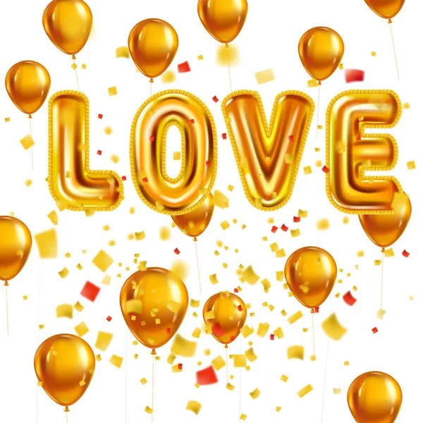 Liebe gold helium metallic glänzende ballons realistischen text, platzen folie konfetti ballons. Hintergrunddesign Happy Valentines Day, Party, Dekoration, Grußkarte. Vektorbanner-Flyer isoliert — Stockvektor