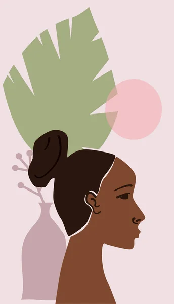 Vrouw zwart portretteert minimale abstracte eigentijdse stijl. Vrouwelijke gezicht flora bladeren vormen vaas silhouet achtergrond trendy moderne kunst concept. Poster vector template sociale media verhalen, print — Stockvector