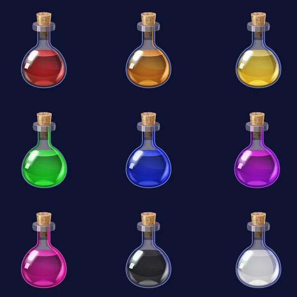 Σετ μαγικά μπουκάλια υγρό ελιξίριο φαντασίας φίλτρο. Εικονίδιο παιχνιδιού GUI για τη διεπαφή χρήστη παιχνιδιών εφαρμογών. Διάνυσμα illstration απομονωμένο στυλ κινουμένων σχεδίων σε σκούρο φόντο — Διανυσματικό Αρχείο