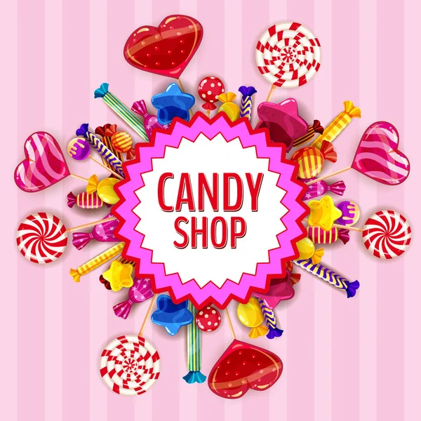 Conjunto de plantillas de Candy Shop de diferentes colores de dulces, piruletas, dulces, dulces de chocolate, caramelos de gelatina de varias formas y colores. Fondo, cartel, bandera, vector, aislado, estilo de dibujos animados — Vector de stock