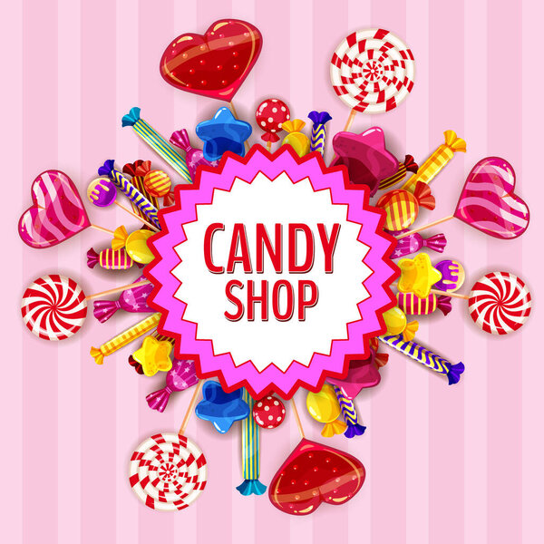 Candy Shop template set of different colors of candy, lollipops, sweets, chocolate candy, jelly beans various shape and colors. Background, poster, banner, vector, isolated, cartoon style