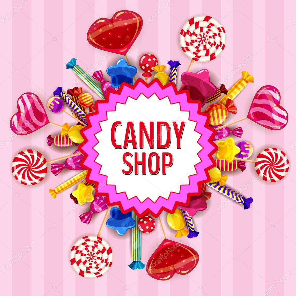 Candy Shop template set of different colors of candy, lollipops, sweets, chocolate candy, jelly beans various shape and colors