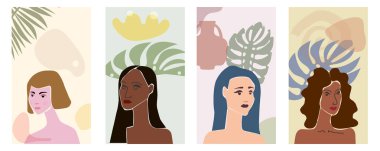 Set Woman 'ın portreleri asgari soyut çağdaş tarzdır. Kadın flora yaprakları vazo silueti şeklini alır ve modern sanat konseptine yönelir. Poster vektörü sosyal medya hikayelerini tasvir eder, yazdırır