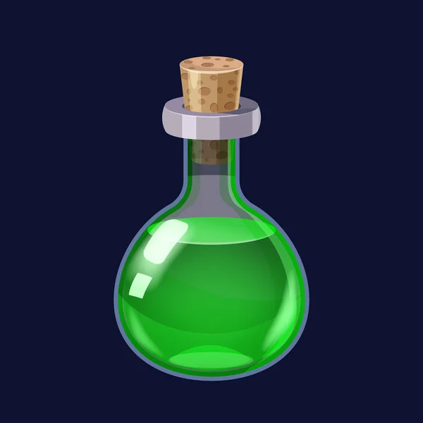 Sıvı yeşil iksir sihirli iksir oyun ikonu GUI ile şişe. Uygulama oyunları için vektör illüzyonu kullanıcı arayüzü izole edilmiş çizgi film biçimi — Stok Vektör