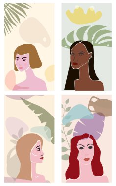 Set Woman 'ın portreleri asgari soyut çağdaş tarzdır. Kadın flora yaprakları vazo silueti şeklini alır ve modern sanat konseptine yönelir. Poster vektörü sosyal medya hikayelerini tasvir eder, yazdırır