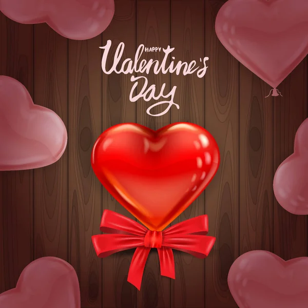 Happy Valentines Dag rode hartvorm glanzende ballon realistisch, belettering, achtergrond houten tafel roze hart ballonnen, wenskaart. Vector banner poster flyer geïsoleerd — Stockvector