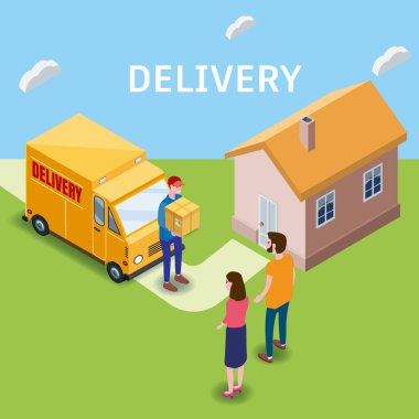 Isometric Express ve Teslimat. Kadın ve erkeğe karton bir kutu kargo. Bedava sevkiyat, 24 saatlik mal teslimatı. Kargo kamyonu, ev, 3 boyutlu vektör izometrik illüstrasyon