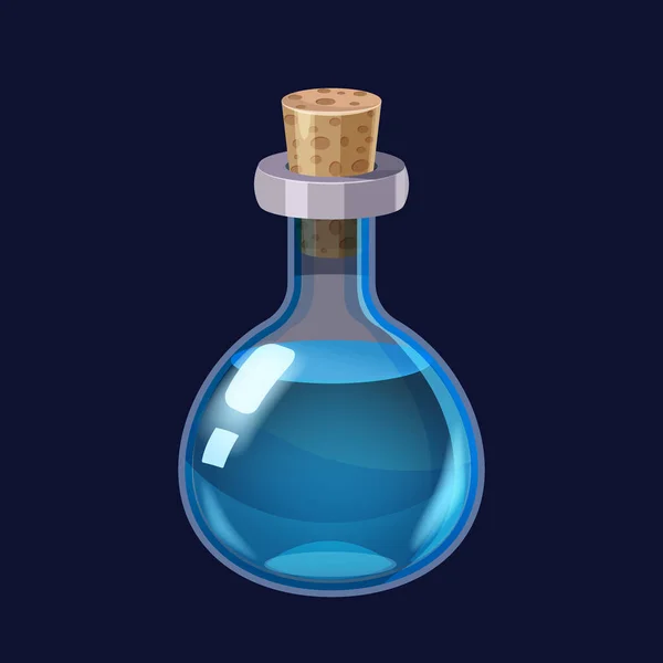 Sıvı mavi iksir sihirli iksir oyun ikonu GUI ile şişe. Uygulama oyunları için vektör illüzyonu kullanıcı arayüzü izole edilmiş çizgi film biçimi — Stok Vektör