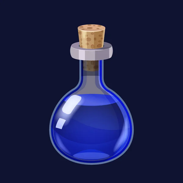 Botella con líquido azul poción mágica elixir icono del juego GUI. Ilustración vectorial para la interfaz de usuario de juegos de aplicaciones estilo de dibujos animados aislados — Vector de stock