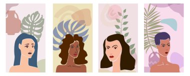 Set Woman 'ın portreleri asgari soyut çağdaş tarzdır. Kadın flora yaprakları vazo silueti şeklini alır ve modern sanat konseptine yönelir. Poster vektörü sosyal medya hikayelerini tasvir eder, yazdırır