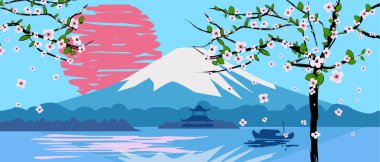 Fuji Dağı gündoğumu Japonya manzarası. Kiraz ağacı baharı, göl, güneş, tekne, Asya tapınağı taşıyıcı illüstrasyon afişi izole edilmiş.