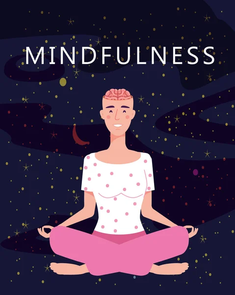 Mindfulness concept Vrouw in yoga poseren meditatie. Open hersenen mentale kalmte, het loslaten van stress. Vectorillustratie geïsoleerd — Stockvector