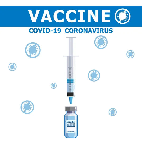 Concetto di vaccino Covid-19 coronavirus banner. Strumento di iniezione della siringa per il trattamento di immunizzazione e il flacone del vaccino. Trattamento, prova o lotta contro per coronavirus covid-19. Illustrazione vettoriale — Vettoriale Stock