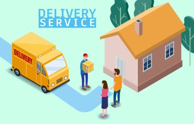 Isometric Hızlı Ekspres ve Teslimat. Kadın ve erkeğe karton bir kutu kargo. Bedava sevkiyat, 24 saatlik mal teslimatı. Kargo kamyonu, ev, 3 boyutlu vektör izometrik illüstrasyon