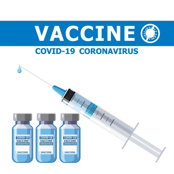 Konsep vaksin coronavirus Covid-19. Alat suntik untuk pengobatan imunisasi dan botol vaksin. Pengobatan, pencegahan atau melawan untuk coronavirus covid-19. Ilustrasi vektor - Stok Vektor