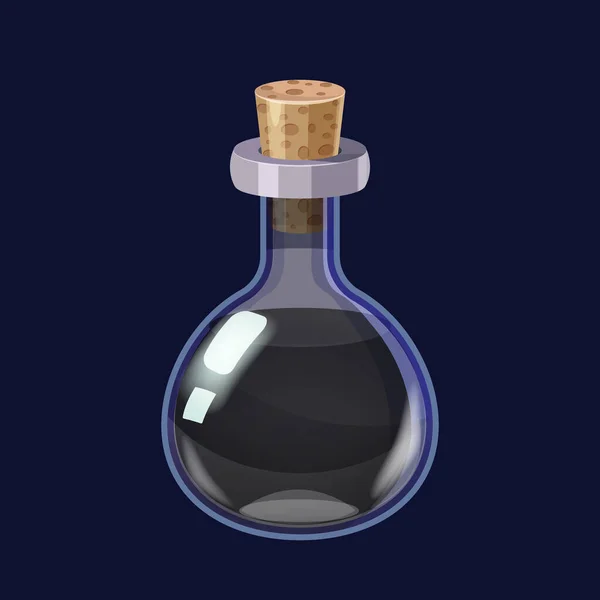 Sıvı siyah iksir sihirli iksir oyun ikonu GUI ile şişe. Uygulama oyunları için vektör illüzyonu kullanıcı arayüzü izole edilmiş çizgi film biçimi — Stok Vektör