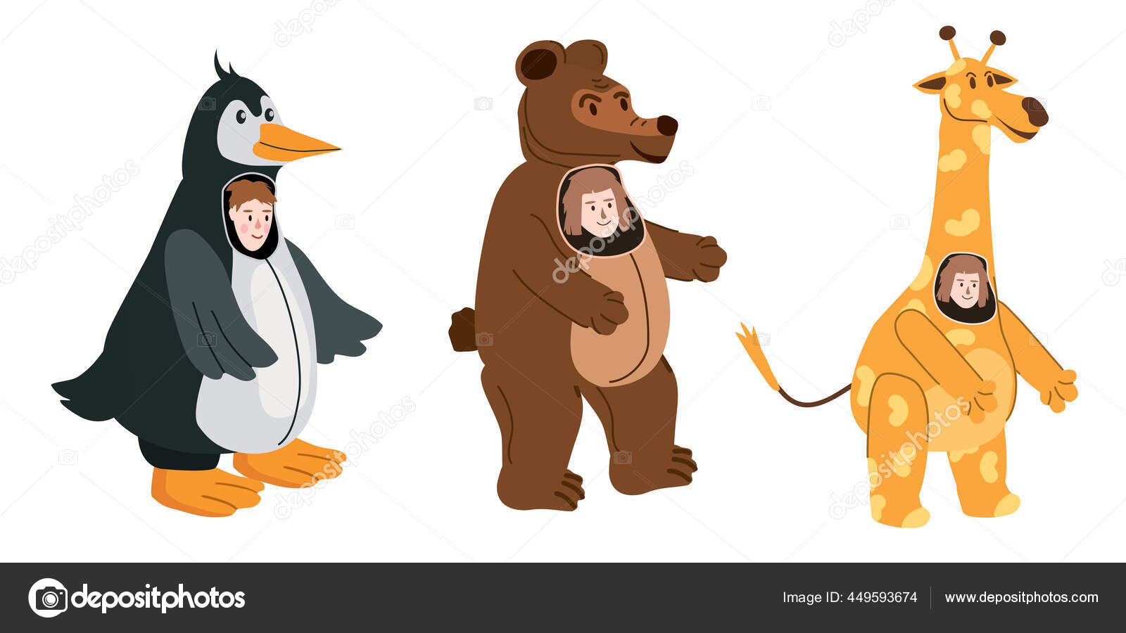 设置演员动物企鹅，熊，长颈鹿服装。主题派对，生日小孩，儿童动画师，穿着演出者角色参加节日化装舞会，狂欢节。矢量漫画平面风格图库矢量图©ValeriHadeev  449593674, image size:1600x900