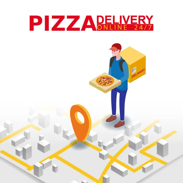 Pizza Teslimat Servisi Isome konsepti. Pizza kutusu olan bir kurye, harita şehri. Hızlı 24 7 nakliye, çevrimiçi yemek sipariş şablonu afişi. Vektör illüstrasyonu 3d izole edildi — Stok Vektör