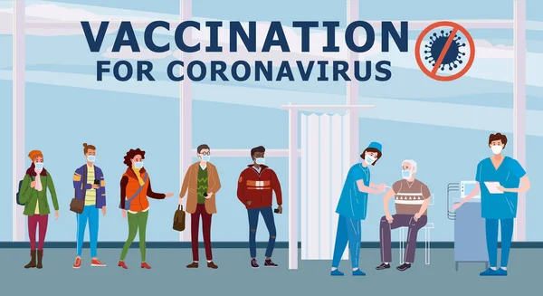 A COVID-19 oltóanyagai. Az immunitást biztosító orvos és nővér a kórházban adja be a coronavirus injekciót. Nők és férfiak várnak a folyosón. Egészségügyi megelőzés és immunizálás. Vektor — Stock Vector