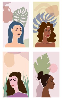 Çeşitli kadın portreleri asgari soyut modern tarz. Kadın flora yaprakları vazo silueti şeklini alır ve modern sanat konseptine yönelir. Poster vektörü sosyal medya hikayelerini tasvir eder, yazdırır