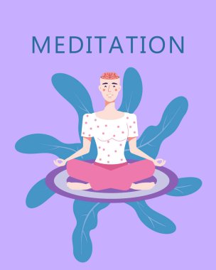 Yoga pozunda kadın meditasyonu. Açık beyin, zihinsel sakinlik, stres atmak. Yogacı kız illüstrasyon vektör stili. Sağlıklı yaşam tarzı kavramı