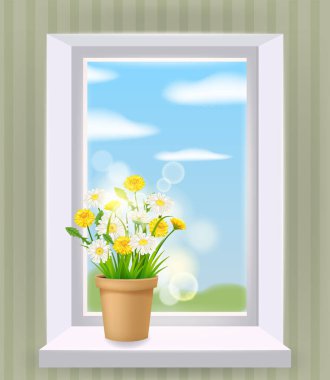 İçerideki pencere, baharda, çiçekli saksı papatya ve pencere kenarında karahindiba. Vektör illüstrasyonu gerçekçi